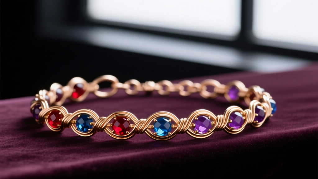 Intricate 14k rose gold-filled rosary-linked wire wrap bracelet draped over velvet, showcasing perfect wrapped loops and beads.
