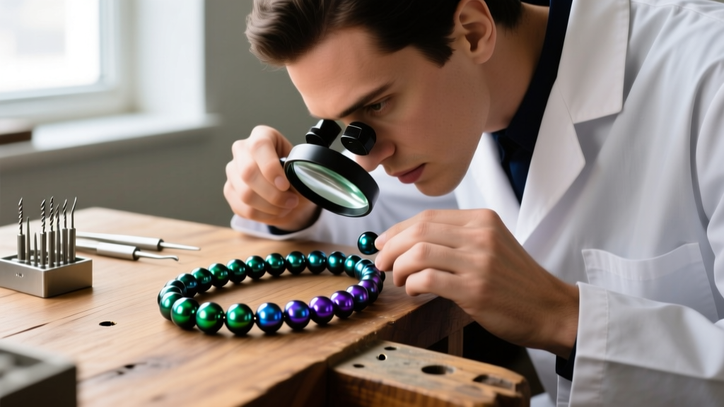 Jeweler using a loupe to inspect the nacre thickness and drill hole of a Tahitian black pearl strand on a wooden workbench.