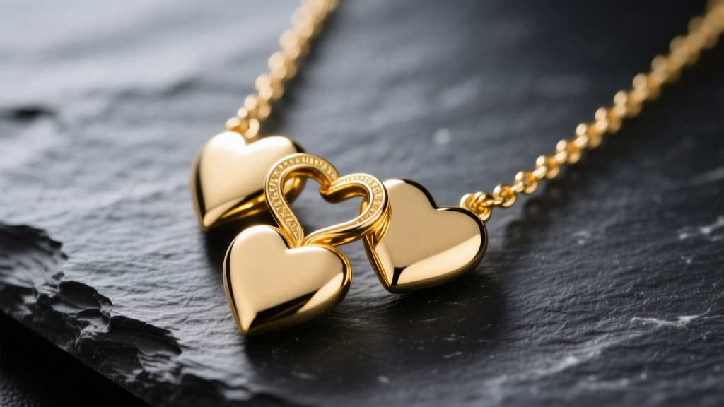 Macro shot of a 14k gold three heart necklace on dark slate, highlighting interlocking jump rings and subtle light reflections.