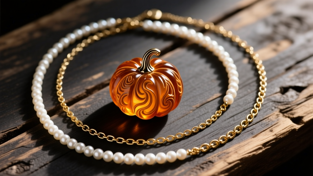 Flat lay of layered necklaces with a central pumpkin pendant, a pearl choker, and a gold lariat on a rustic dark wood background