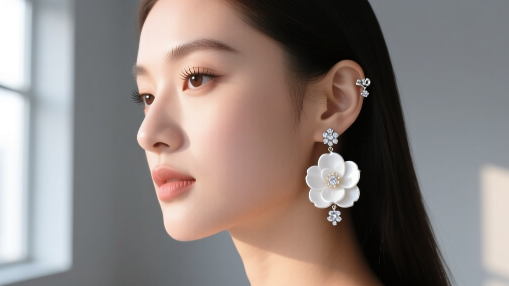 Side profile of young woman wearing delicate 20-gauge white enamel and diamond camellia drop earrings, softly lit by window glow.