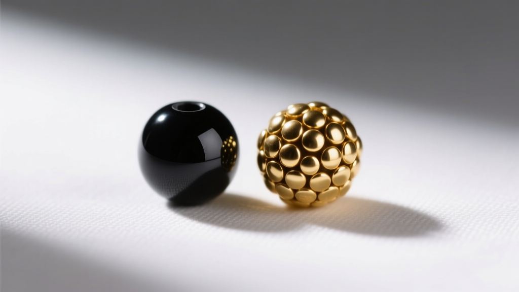 Macro close-up comparing a matte black Miyuki Delica bead next to a metallic gold Toho round seed bead on a white fabric surface.