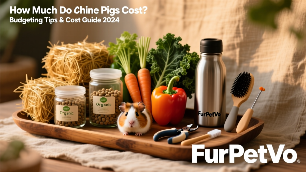 A neatly organized guinea pig supply station showing hay, pellets, fresh veggies, a water bottle, and grooming tools labeled with FurPetVo branding