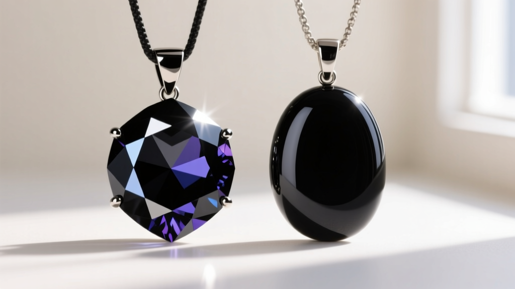 Macro shot of a faceted black spinel pendant next to a smooth cabochon onyx pendant, highlighting light reflection differences.