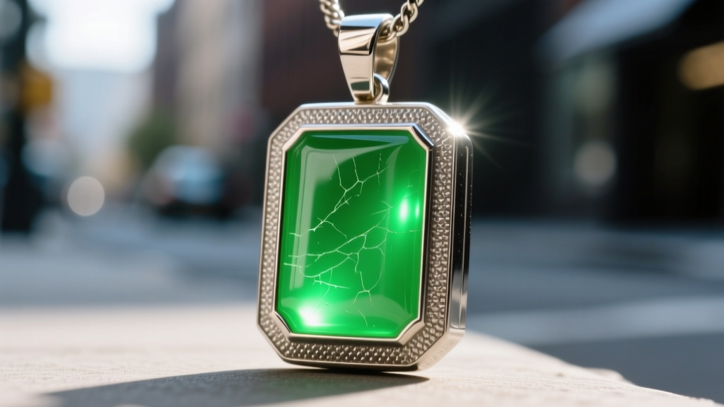 Macro shot of a streetwear pendant showing raised steel borders next to recessed neon green epoxy enamel under bright light
