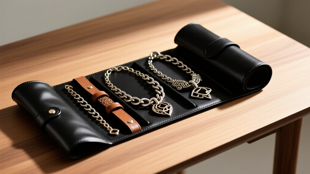 Black leather jewelry roll on a wooden desk, displaying slots holding heavy steel and leather mixed-media statement necklaces.