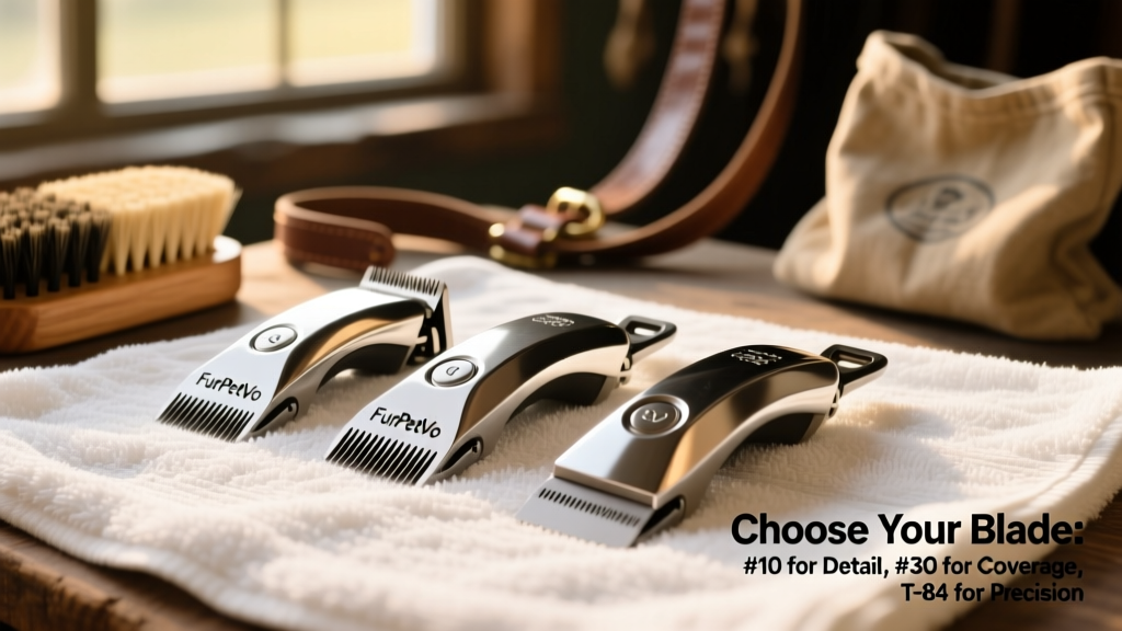 Close-up of interchangeable FurPetVo clipper blades labeled #10, #30, and T-84 arranged on a clean grooming towel
