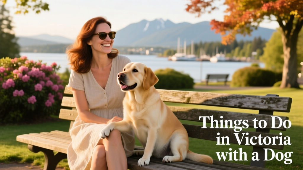 A smiling woman sitting on a park bench with her Labrador, both enjoying the sunshine and a shared moment of calm