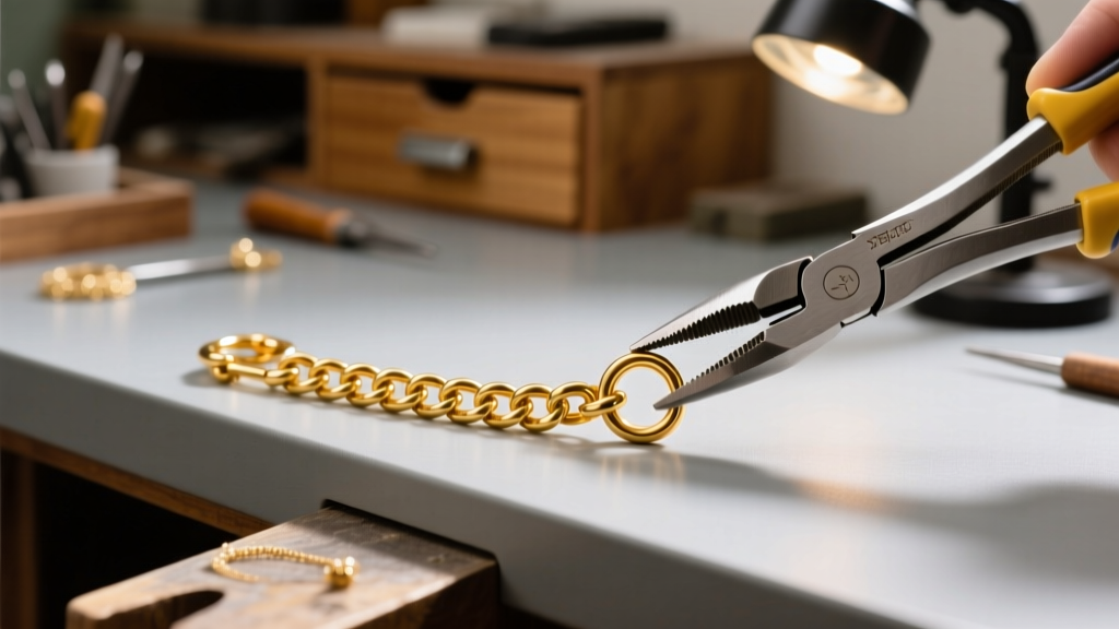 Jewelry repair bench showing a two-inch 14k gold extender chain attached to a lobster clasp using twenty-gauge jump ring pliers.