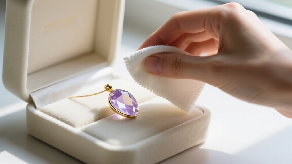 Hands gently drying a wet quartz mood pendant with a microfiber cloth next to a UV-protective velvet jewelry box in soft light