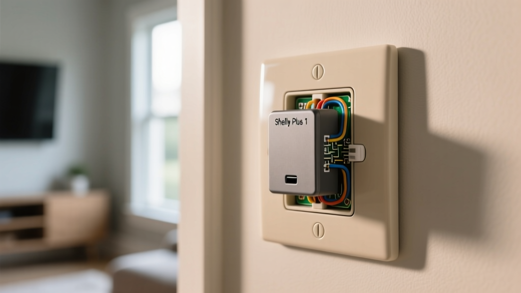 Close-up of a Shelly Plus 1 smart relay wired behind a standard wall switch, demonstrating affordable smart home automation for habit building.