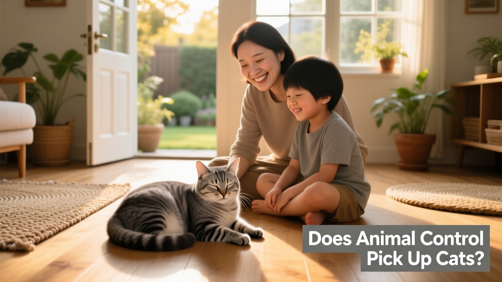 A happy, relaxed cat settling into a new home with a smiling family