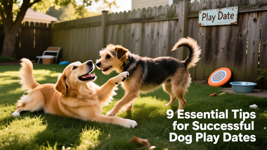 Two friendly dogs playing together in a grassy, fenced yard with relaxed body language