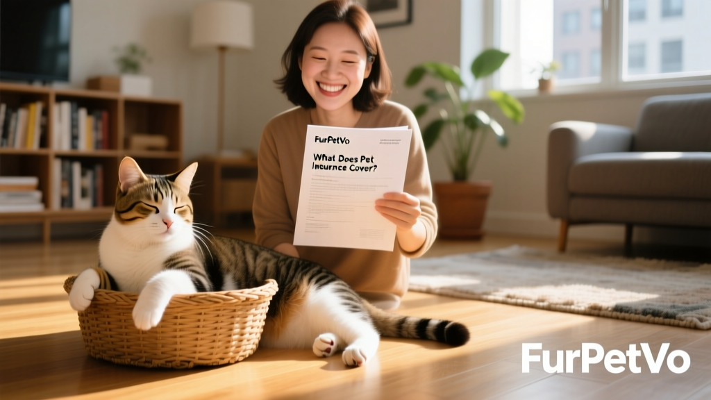 Happy pet owner holding a FurPetVo policy document next to their relaxed cat