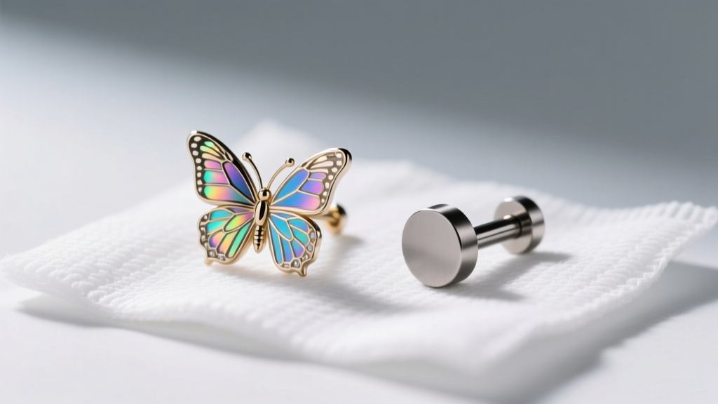Side-by-side comparison of a butterfly back earring and an implant-grade titanium flat-back labret on a sterile gauze pad