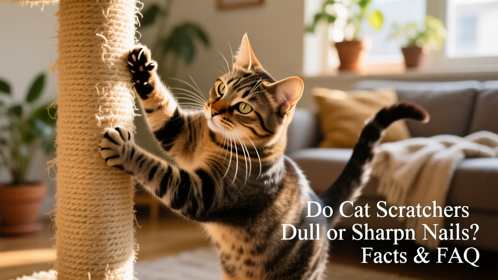 A cat vigorously scratching a vertical sisal post, claws extended
