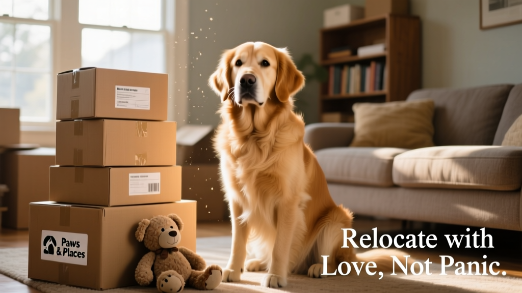 A calm, confident dog sitting beside packed moving boxes with a favorite toy nearby