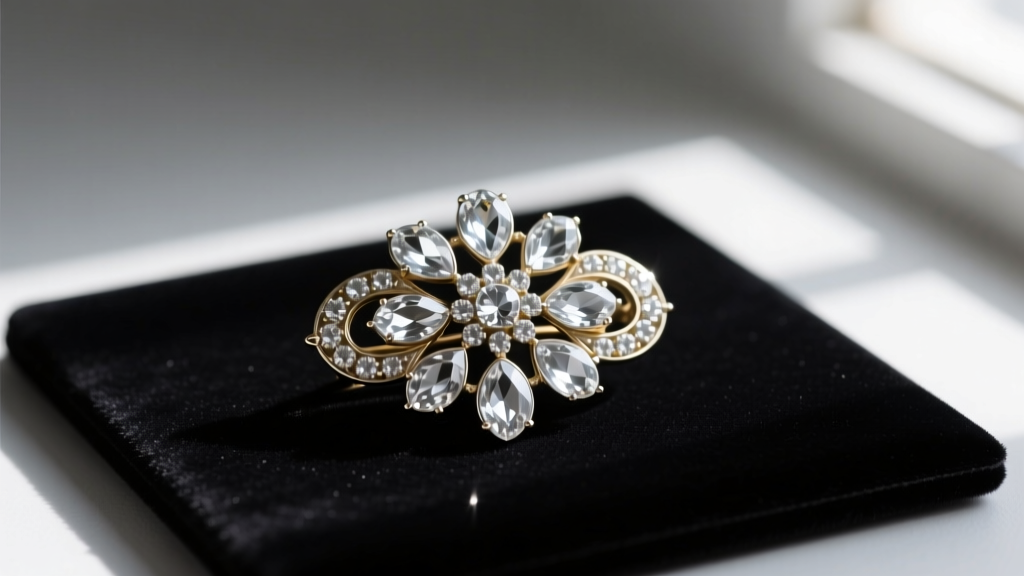 Vintage 1930s rhodium-plated brass Trifari brooch with clear glass rhinestones resting on a dark velvet jewelry appraisal mat