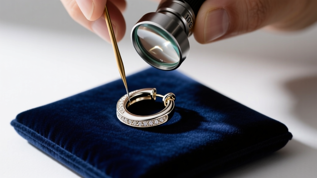 Jeweler using a 10x loupe and brass needle to realign the bent latch of an 18g white gold huggie earring on a dark velvet pad.
