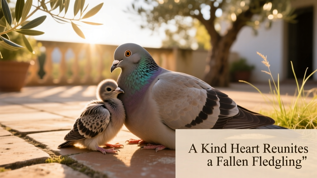 Close-up of baby pigeon nuzzling against mother pigeon on a sunny patio