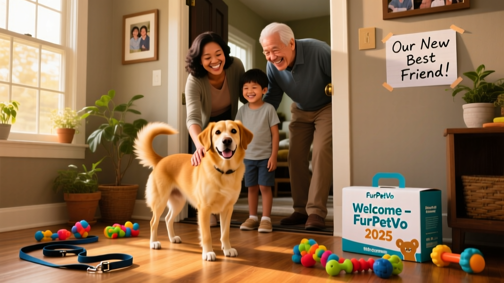 A joyful family welcoming a newly adopted dog into their home, with leashes, toys, and a FurPetVo welcome kit visible