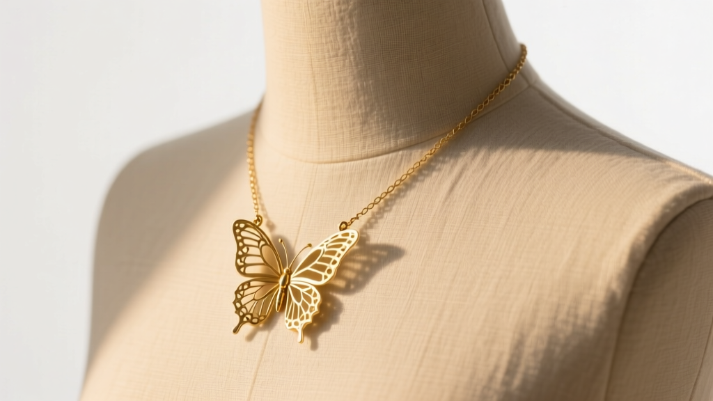 Gold butterfly necklace with a thin box chain and hidden bail draped over a beige linen mannequin neck in warm studio lighting.