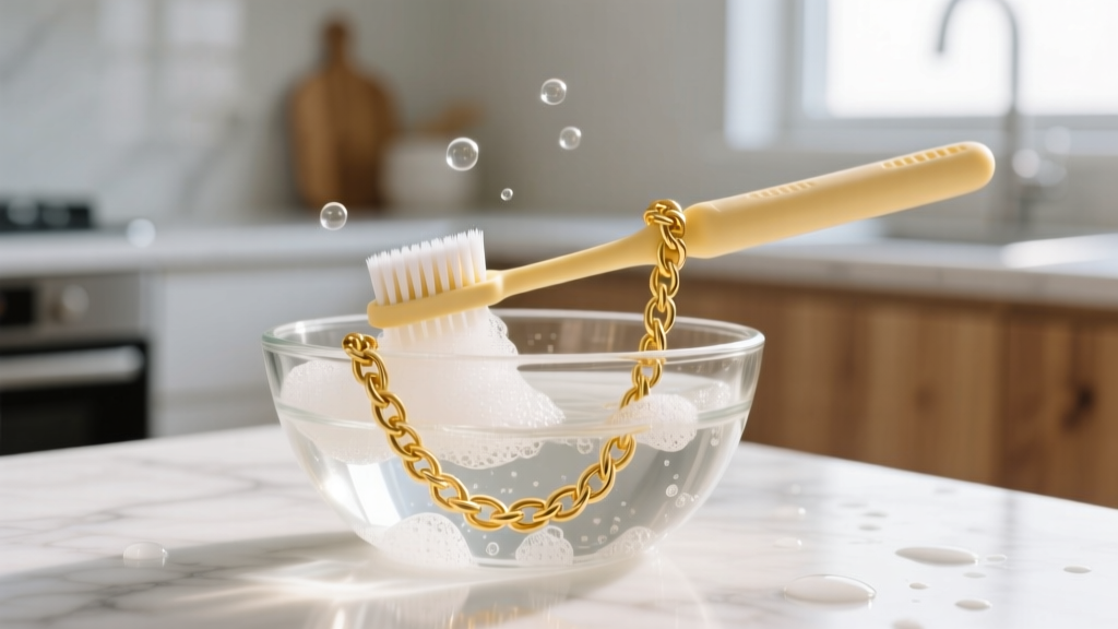 Soft-bristled baby toothbrush gently scrubbing a delicate 14k yellow gold cable chain submerged in a glass bowl of soapy water.