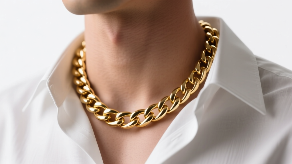 Close-up of a man wearing a 4mm 18k gold Cuban link chain against a crisp white linen shirt collar under soft studio lighting.