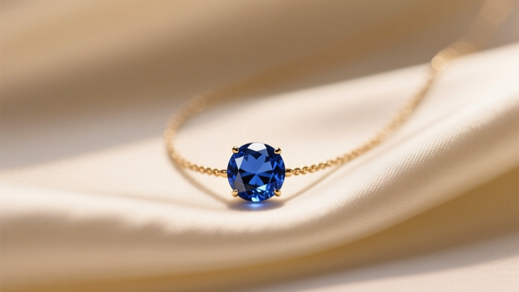 6mm natural blue sapphire bead necklace on cream silk, soft lighting highlighting subtle inclusions and deep blue hues