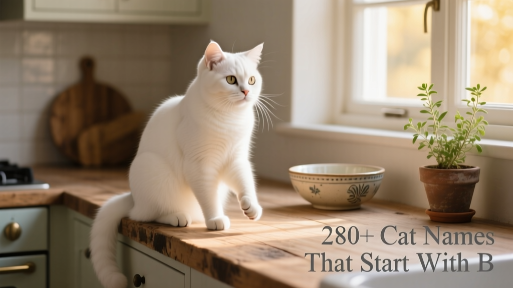 A serene white British Shorthair cat sitting gracefully on a wooden counter, gazing softly to the side