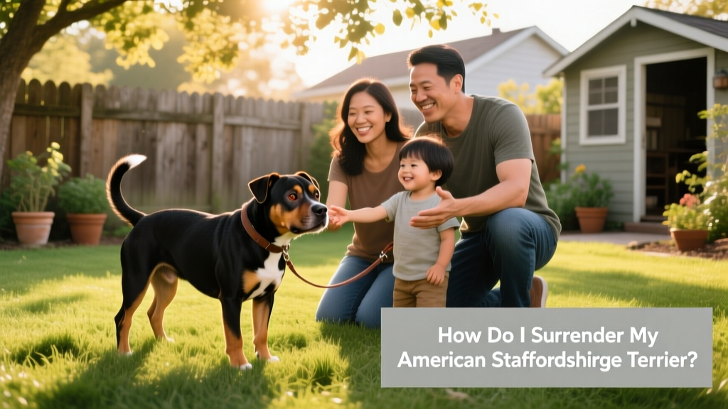 A family gently introducing their new American Staffordshire Terrier to their backyard during a supervised meet-and-greet