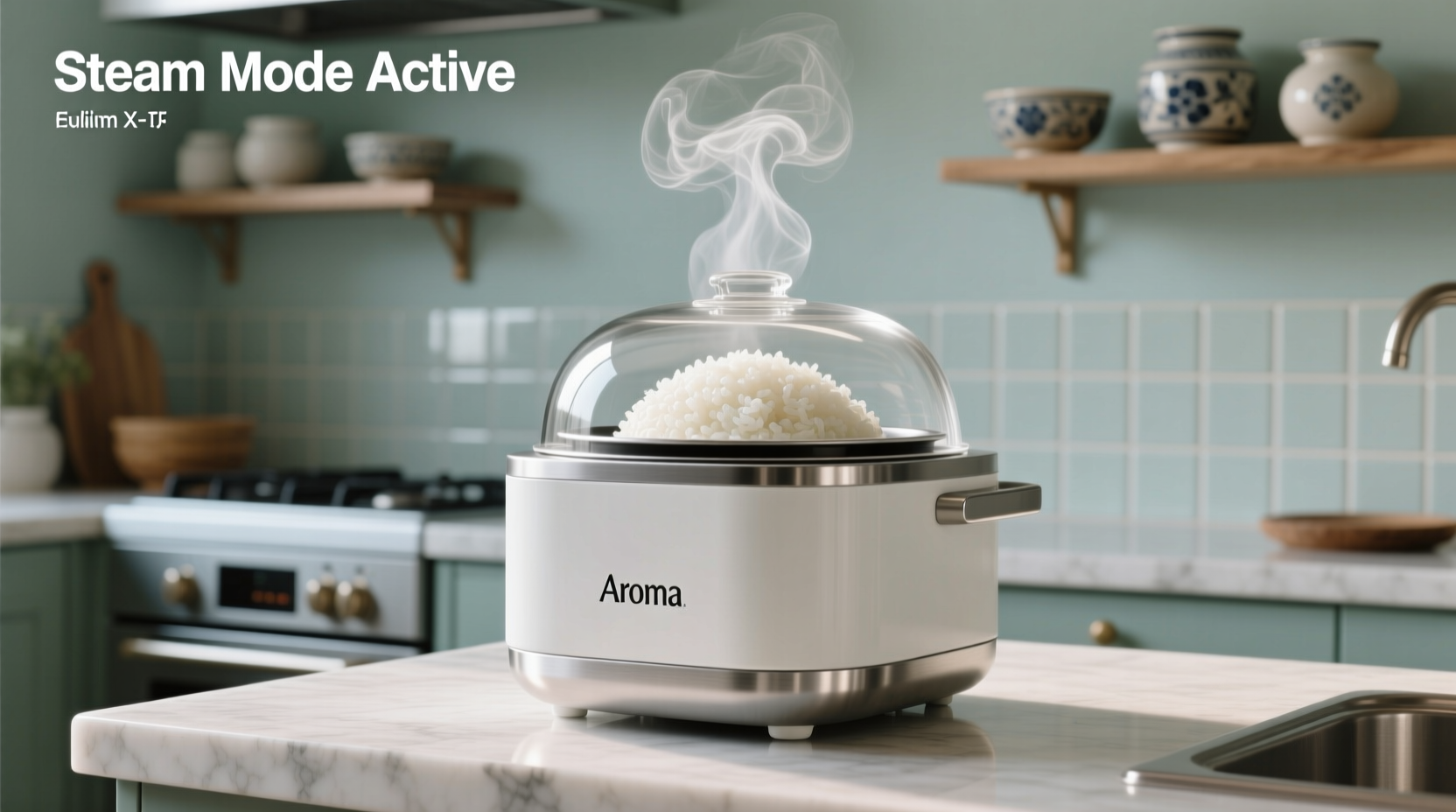 Aroma rice cooker with steaming bowl of white rice