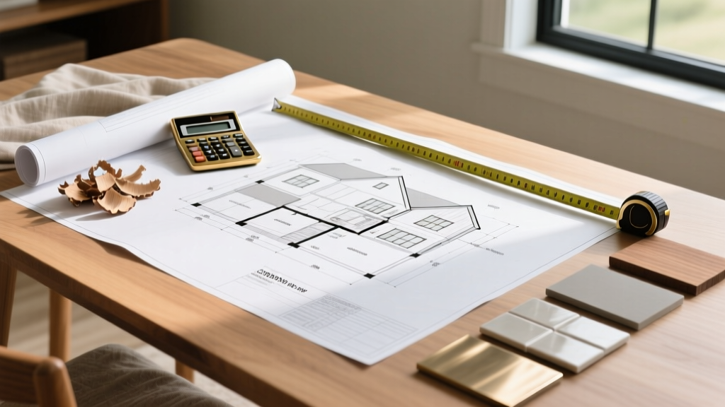 Architectural blueprints for a 2000 square foot modern farmhouse spread across a wooden table next to a calculator, tape measure, and material samples