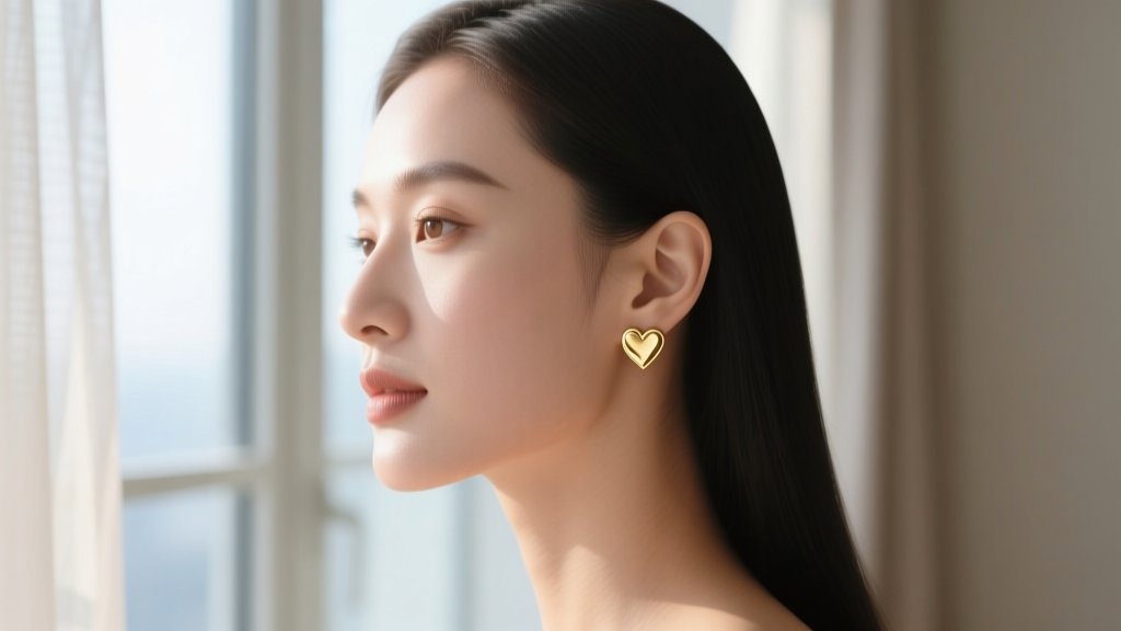 Elegant profile portrait of a woman with an oval face wearing small 8mm solid gold heart stud earrings, natural daylight.