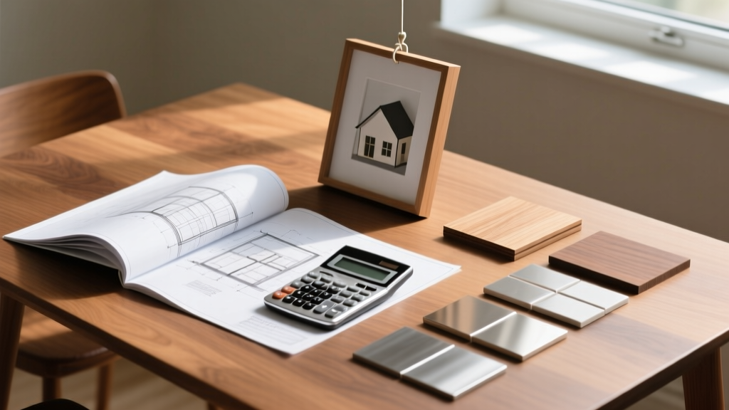Architectural blueprints and a financial calculator resting on a wooden table next to a framed house model and material samples