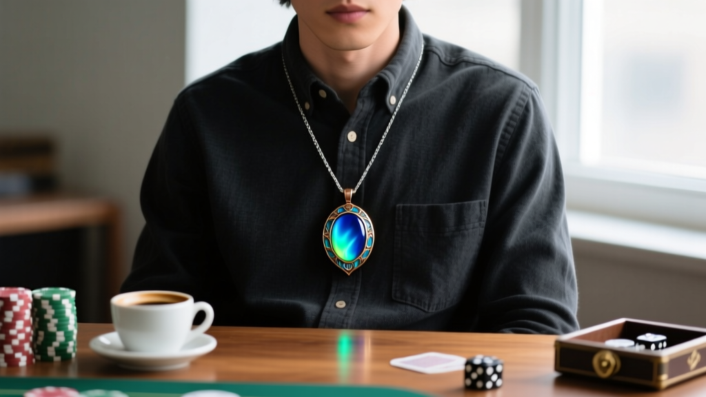 A vitreous enameled bronze pendant glowing with blue and green elemental hues, worn over a dark flannel shirt at a gaming table.