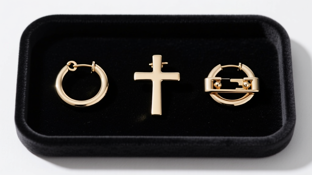 Flat lay of three hoop cross earring clasps: a latch-back, a hinged clicker, and a saddle clasp, on a dark velvet jewelry tray.