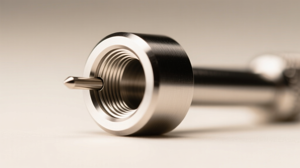 Macro photo of a 16-gauge titanium labret post showing smooth internal threads and a polished finish under warm light