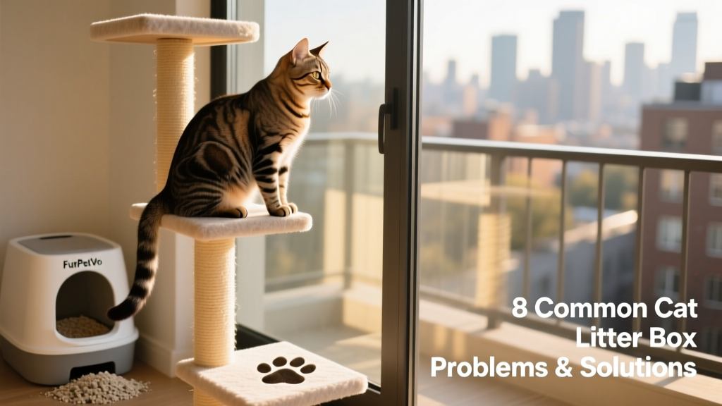 A relaxed cat perched on a tall FurPetVo cat tree overlooking a window, with a litter box visible in the background
