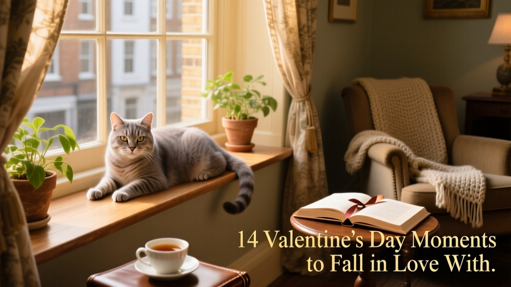 A cozy, sunlit London flat interior with a relaxed senior cat lounging on a windowsill