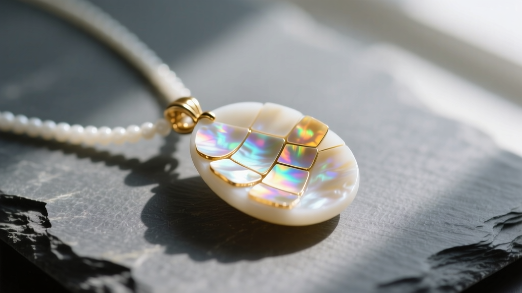 Macro shot of a white mother of pearl necklace pendant on slate, highlighting iridescent aragonite platelets and warm overtones