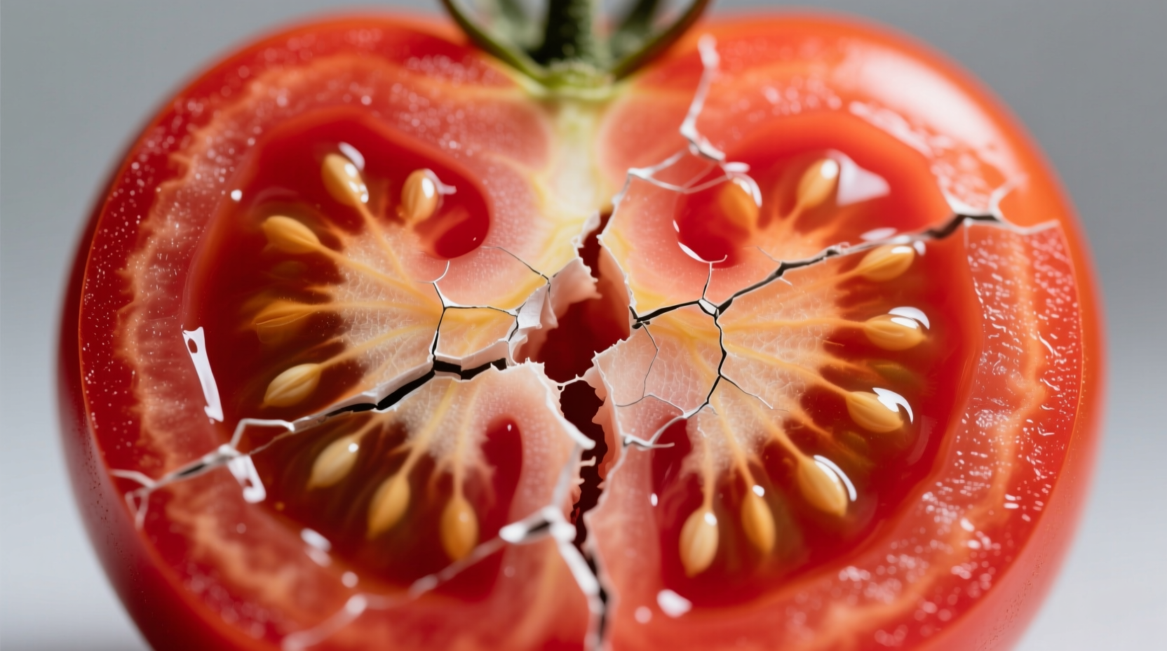Close-up of tomato splitting showing concentric and radial cracks