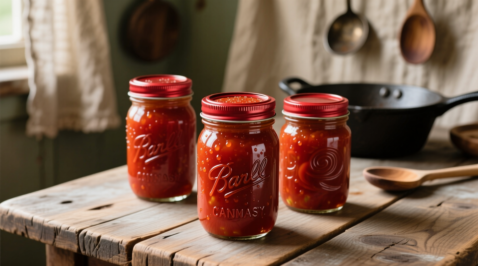Properly canned tomato sauce in mason jars with red lids