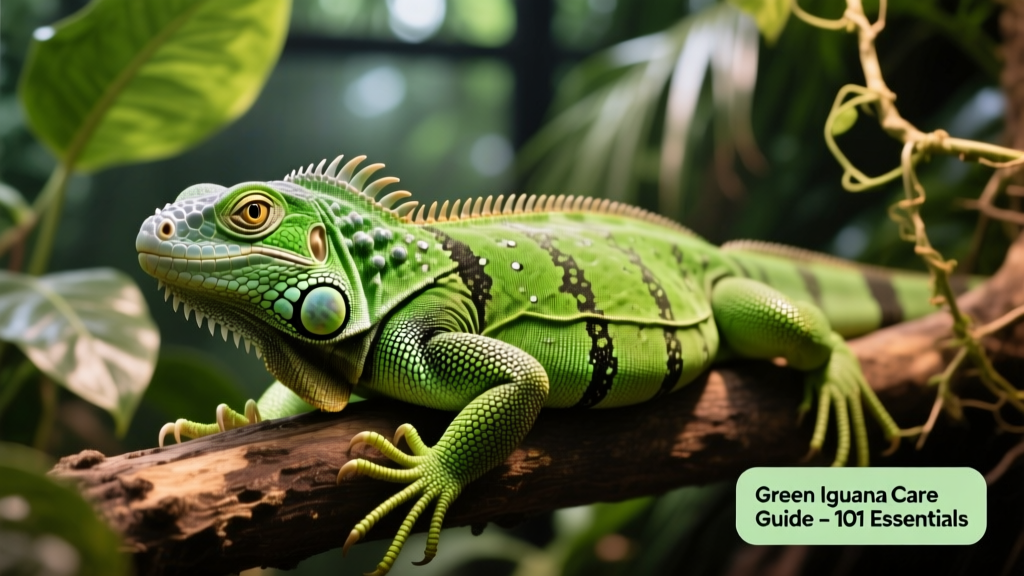 Close-up of a healthy adult green iguana resting calmly on a branch, showing vibrant green scales, alert eyes, and relaxed posture