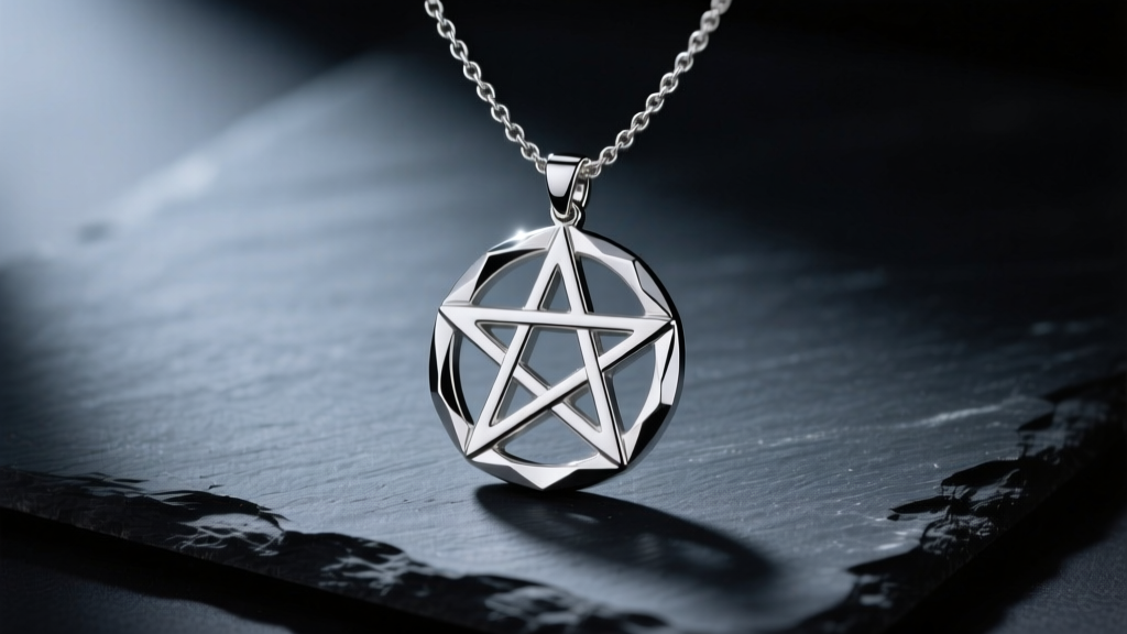 Sterling silver inverted pentagram necklace on dark slate, showing beveled edges, high polish, and moody studio lighting.