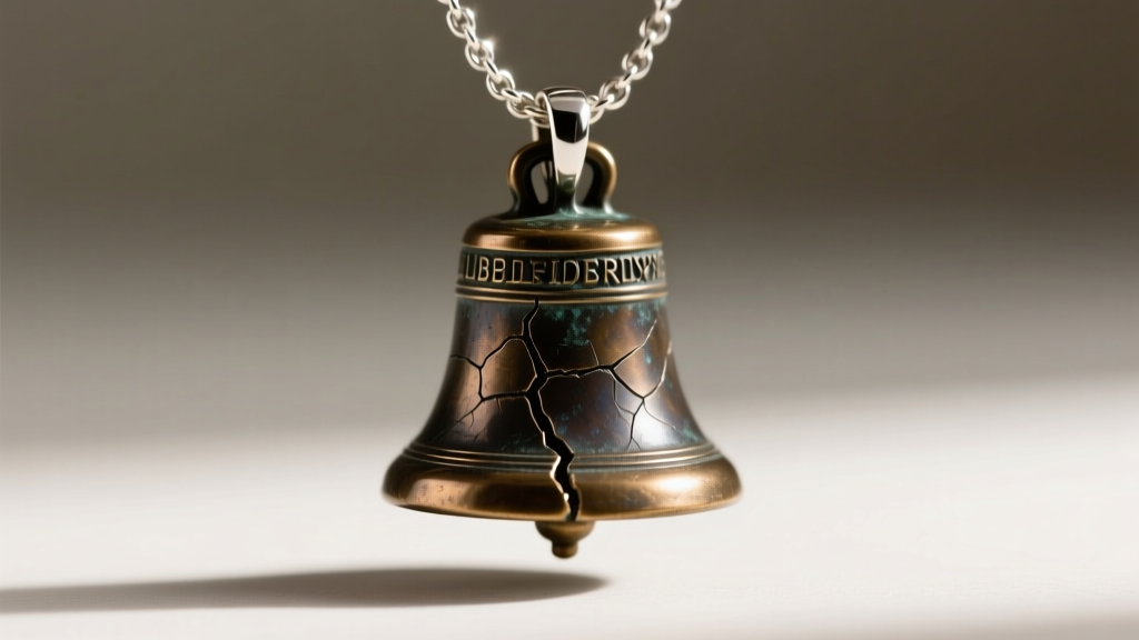 Macro shot of a bronze liberty bell pendant showing a rich dark patina in the engraved crack detail against a bright silver chain.