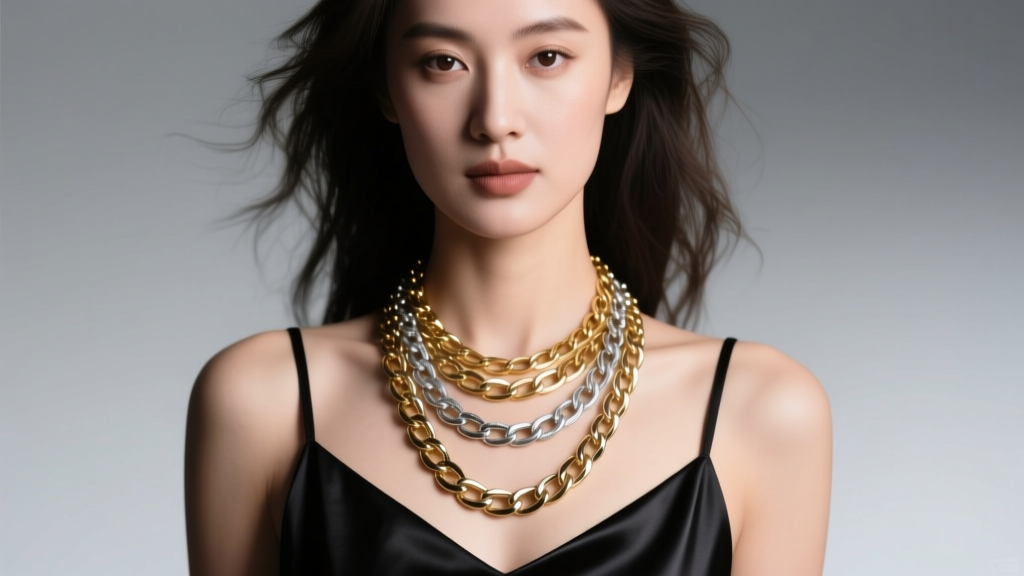 Close-up of a woman wearing a layered gold and silver multi chain necklace over a black silk camisole in soft studio lighting.
