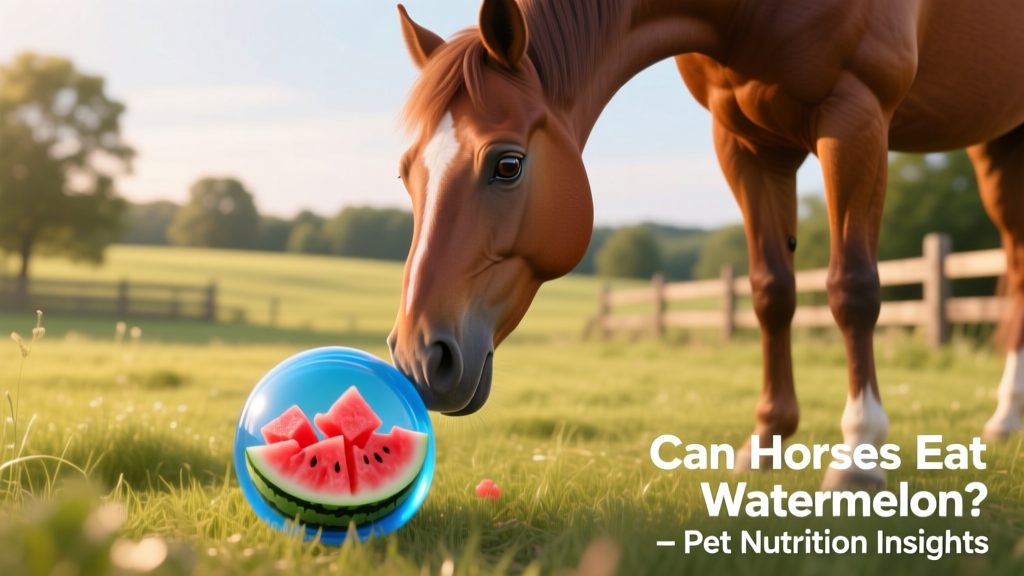 A horse nudging a blue treat ball filled with watermelon pieces in a paddock