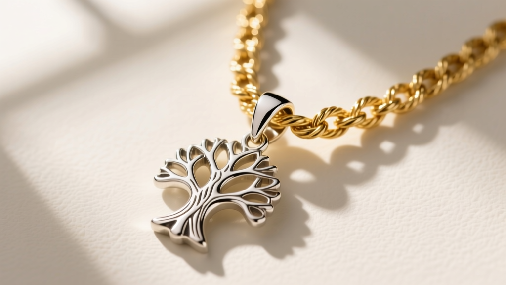 Macro shot of an 18-inch 14k gold rope chain threading through a polished bail of a tree pendant, highlighting the link texture.