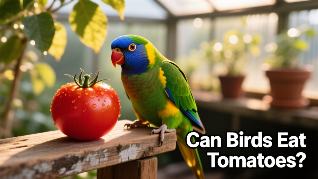 Close-up of a bright red cherry tomato next to a small parrot perched on a wooden perch